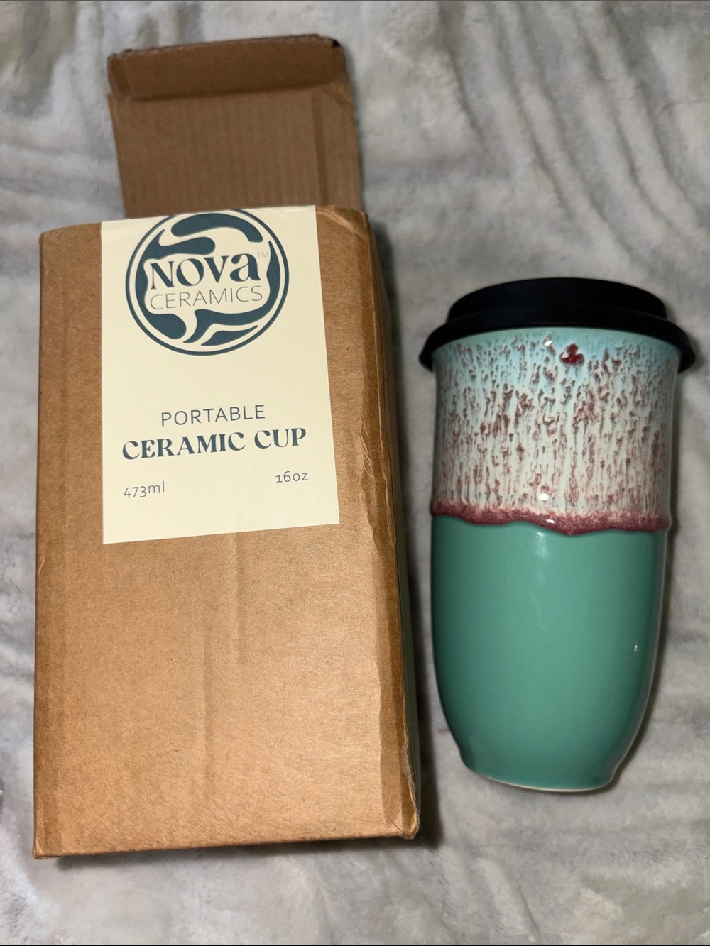 Turquoise Travel Mug with Glazed Cream & Brown Speckle Top